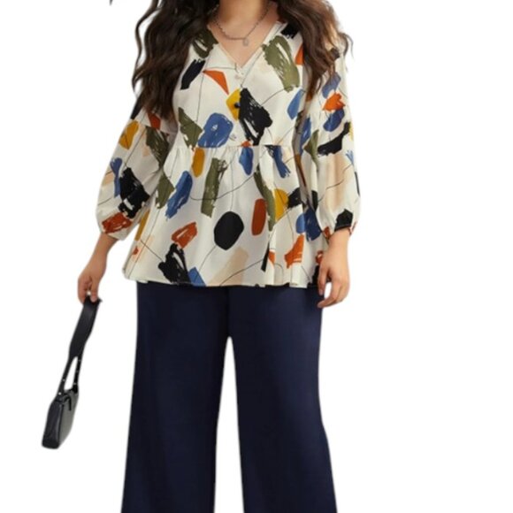 BloomChic Brush Print Button Detail Elastic Cuffs Blouse Size 10 - Picture 3 of 9